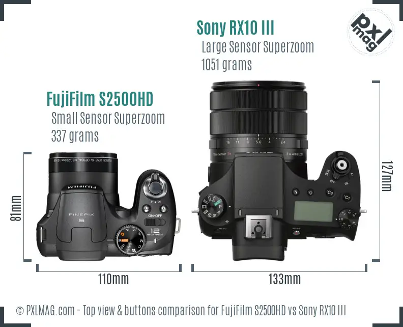 FujiFilm S2500HD vs Sony RX10 III top view buttons comparison