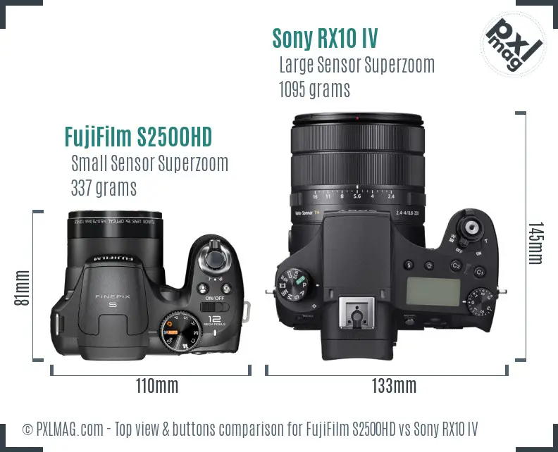 FujiFilm S2500HD vs Sony RX10 IV top view buttons comparison