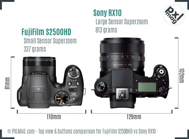FujiFilm S2500HD vs Sony RX10 top view buttons comparison