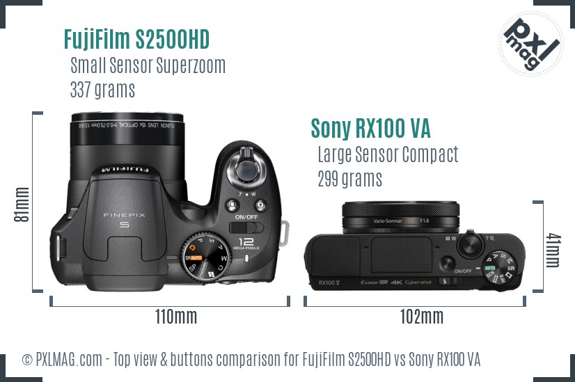 FujiFilm S2500HD vs Sony RX100 VA top view buttons comparison
