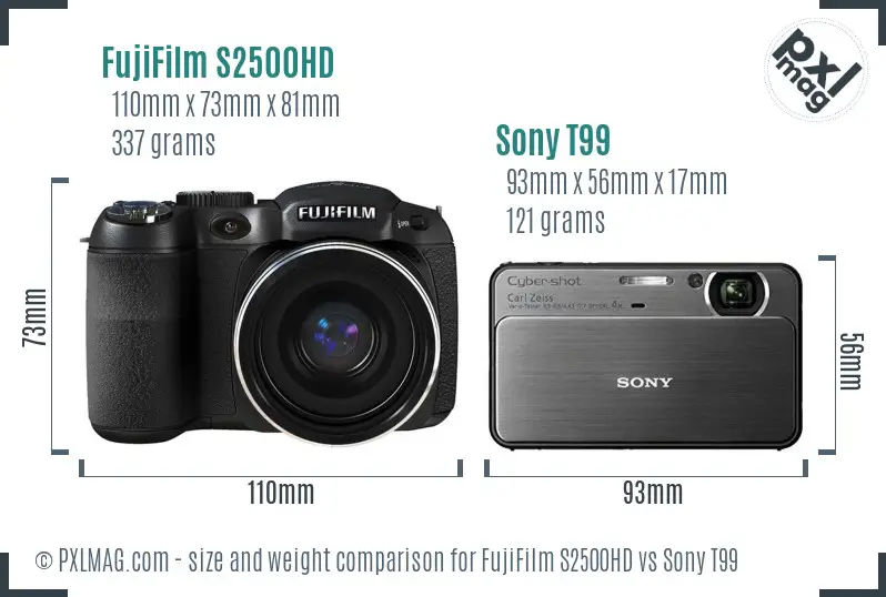 FujiFilm S2500HD vs Sony T99 size comparison