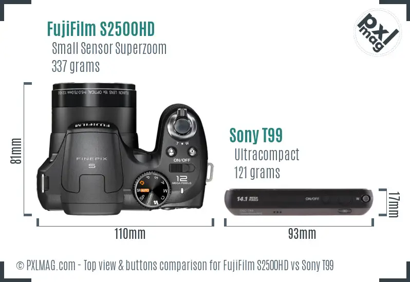 FujiFilm S2500HD vs Sony T99 top view buttons comparison