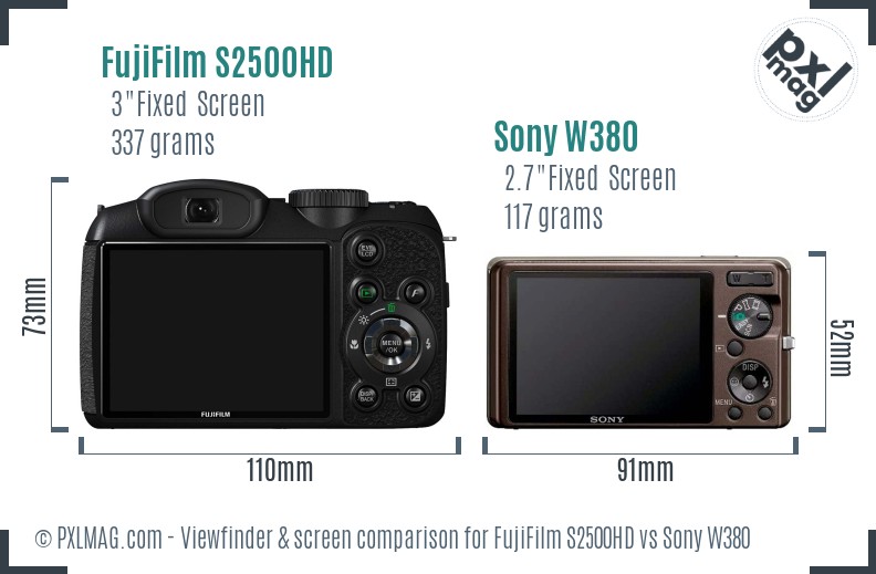 FujiFilm S2500HD vs Sony W380 Screen and Viewfinder comparison
