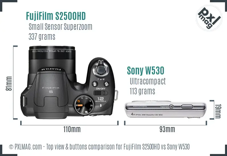 FujiFilm S2500HD vs Sony W530 top view buttons comparison