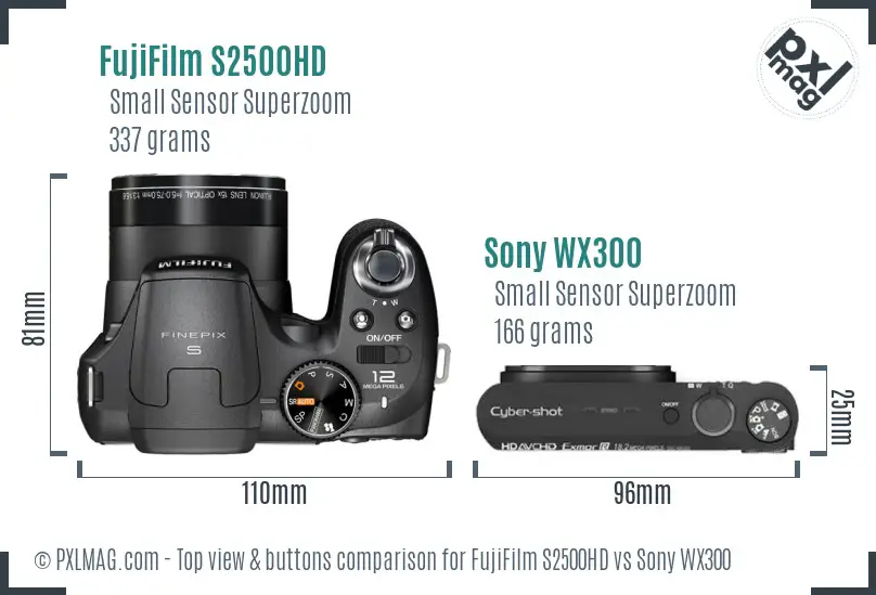 FujiFilm S2500HD vs Sony WX300 top view buttons comparison FujiFilm S2500HD vs Sony WX300 top view buttons comparison