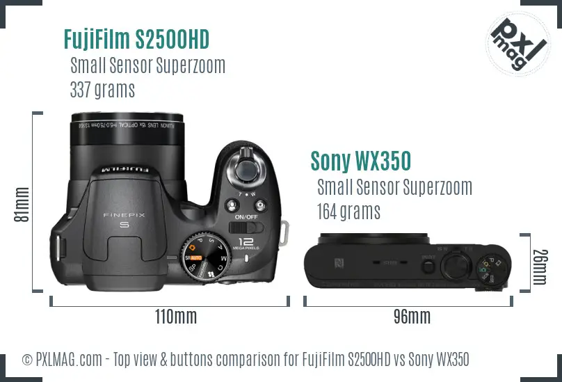 FujiFilm S2500HD vs Sony WX350 top view buttons comparison