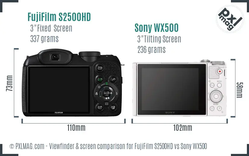 FujiFilm S2500HD vs Sony WX500 Screen and Viewfinder comparison