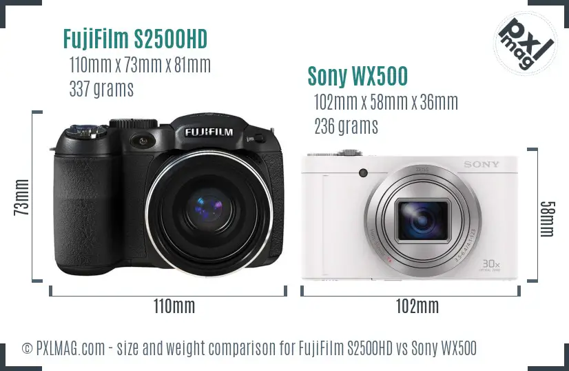 FujiFilm S2500HD vs Sony WX500 size comparison