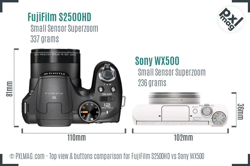 FujiFilm S2500HD vs Sony WX500 top view buttons comparison