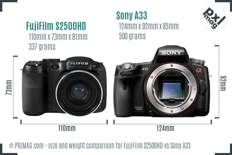 FujiFilm S2500HD vs Sony A33 size comparison