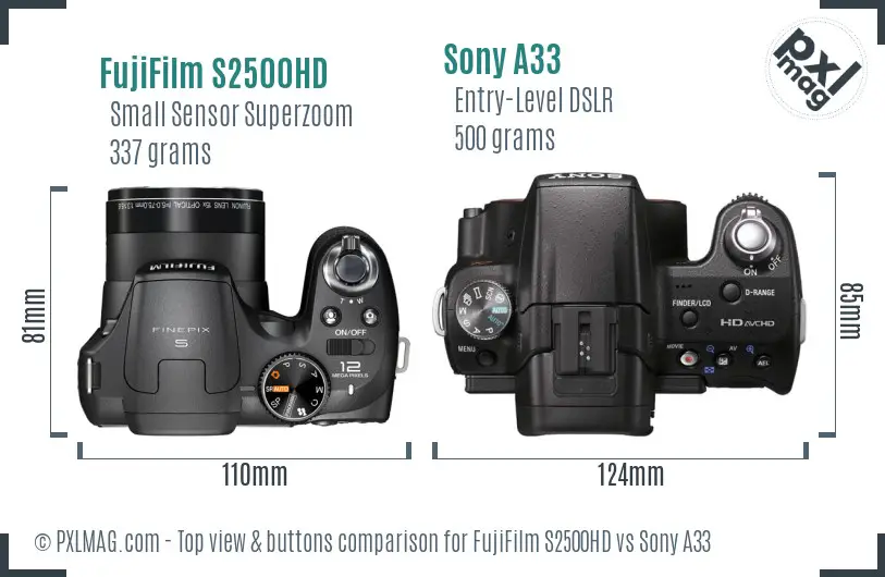 FujiFilm S2500HD vs Sony A33 top view buttons comparison