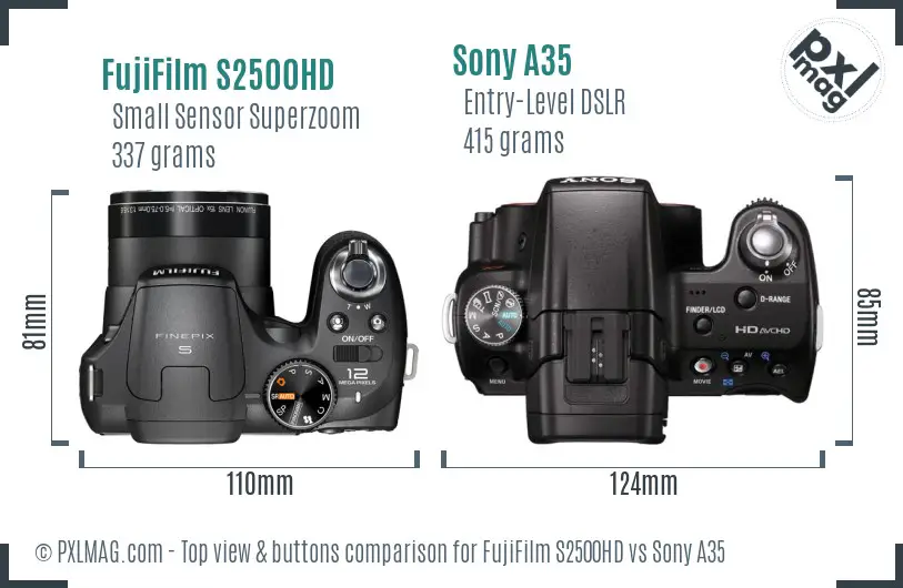 FujiFilm S2500HD vs Sony A35 top view buttons comparison