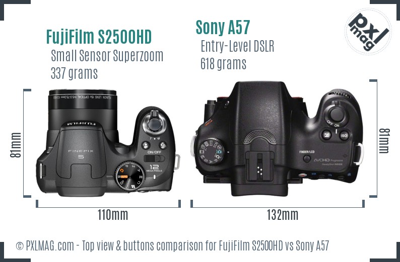 FujiFilm S2500HD vs Sony A57 top view buttons comparison