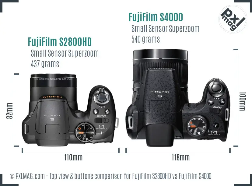 FujiFilm S2800HD vs FujiFilm S4000 top view buttons comparison