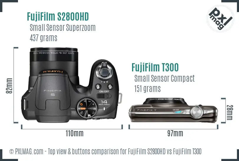 FujiFilm S2800HD vs FujiFilm T300 top view buttons comparison FujiFilm S2800HD vs FujiFilm T300 top view buttons comparison