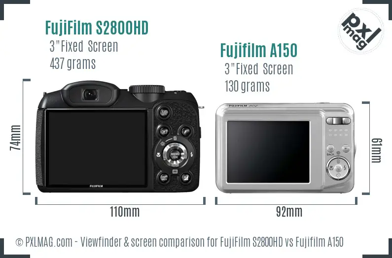 FujiFilm S2800HD vs Fujifilm A150 Screen and Viewfinder comparison