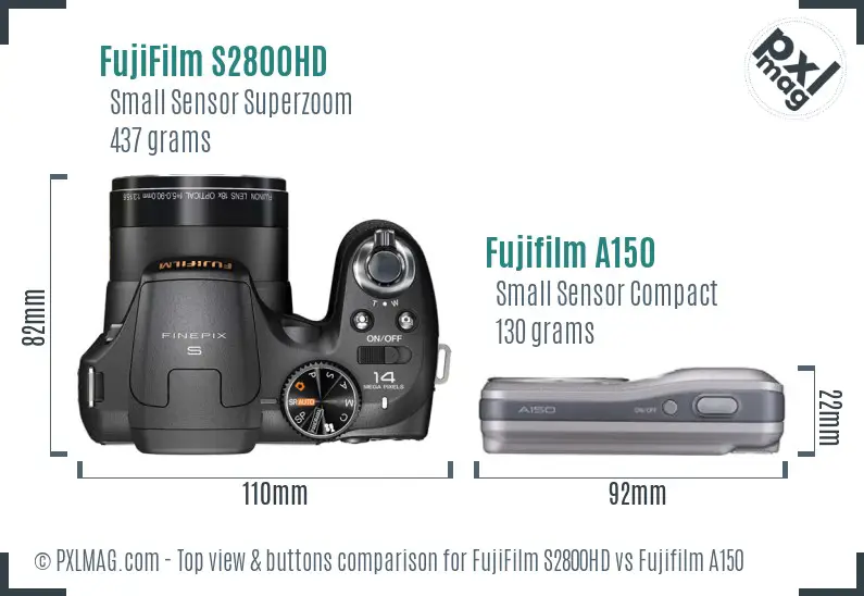 FujiFilm S2800HD vs Fujifilm A150 top view buttons comparison