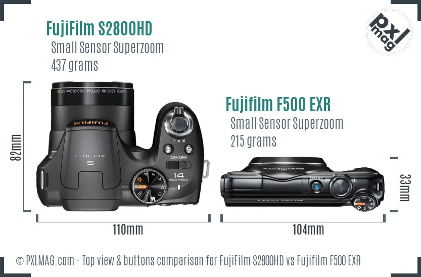 FujiFilm S2800HD vs Fujifilm F500 EXR top view buttons comparison