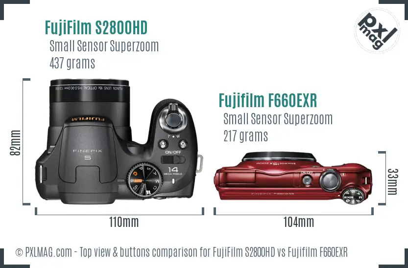 FujiFilm S2800HD vs Fujifilm F660EXR top view buttons comparison FujiFilm S2800HD vs Fujifilm F660EXR top view buttons comparison