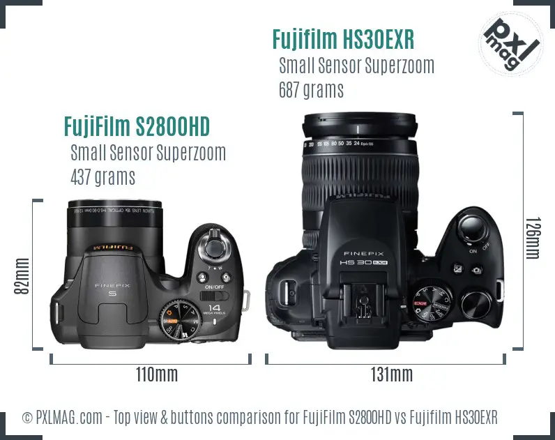 FujiFilm S2800HD vs Fujifilm HS30EXR top view buttons comparison