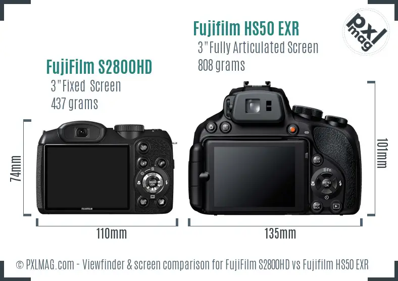 FujiFilm S2800HD vs Fujifilm HS50 EXR Screen and Viewfinder comparison