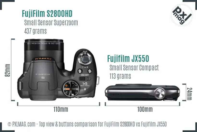 FujiFilm S2800HD vs Fujifilm JX550 top view buttons comparison FujiFilm S2800HD vs Fujifilm JX550 top view buttons comparison