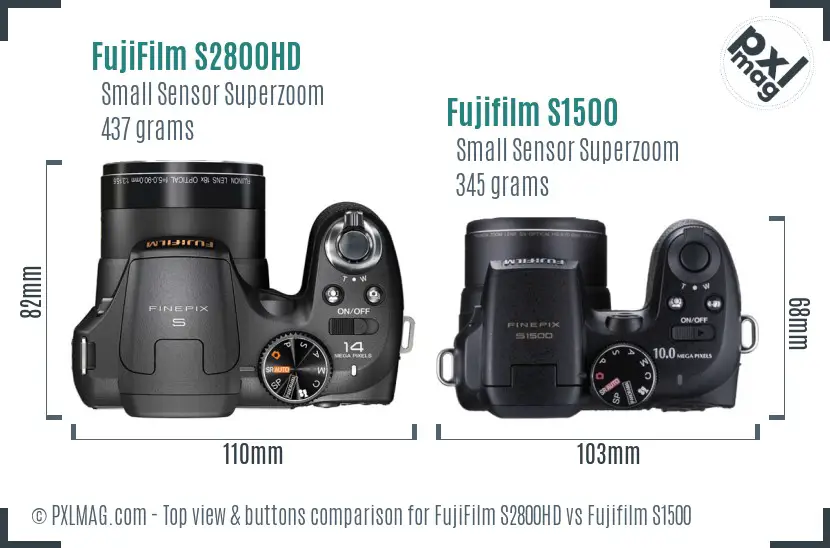 FujiFilm S2800HD vs Fujifilm S1500 top view buttons comparison
