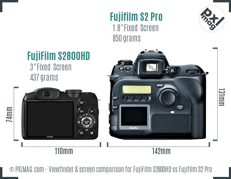 FujiFilm S2800HD vs Fujifilm S2 Pro Screen and Viewfinder comparison