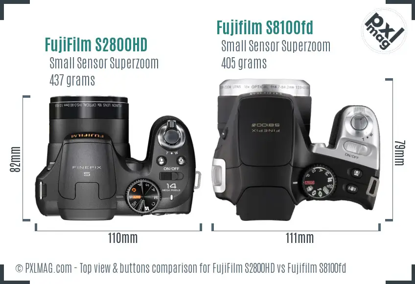 FujiFilm S2800HD vs Fujifilm S8100fd top view buttons comparison
