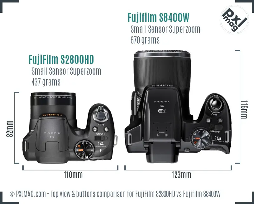 FujiFilm S2800HD vs Fujifilm S8400W top view buttons comparison