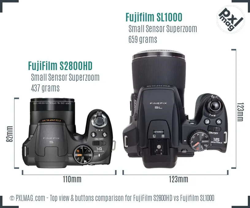 FujiFilm S2800HD vs Fujifilm SL1000 top view buttons comparison