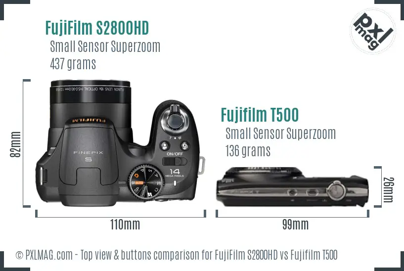 FujiFilm S2800HD vs Fujifilm T500 top view buttons comparison FujiFilm S2800HD vs Fujifilm T500 top view buttons comparison