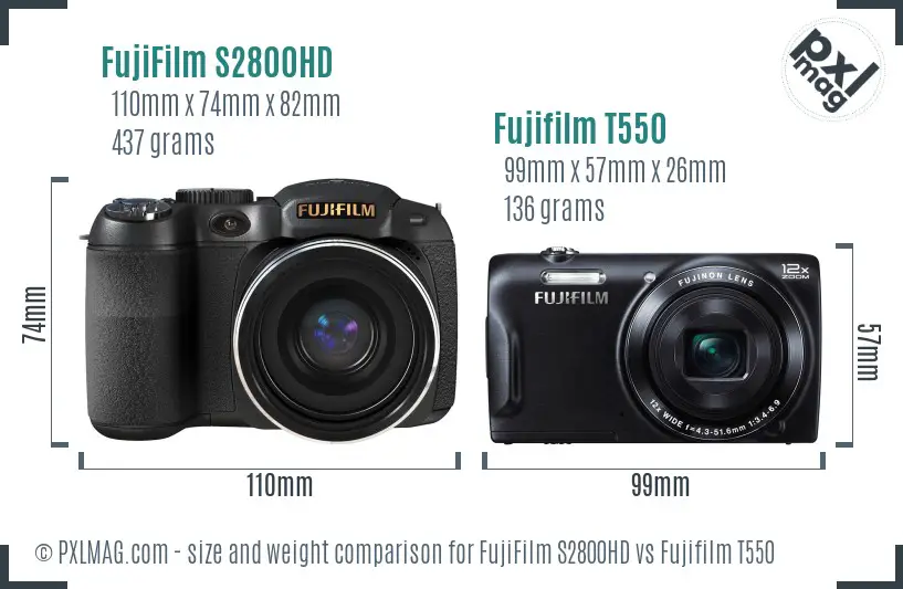 FujiFilm S2800HD vs Fujifilm T550 size comparison