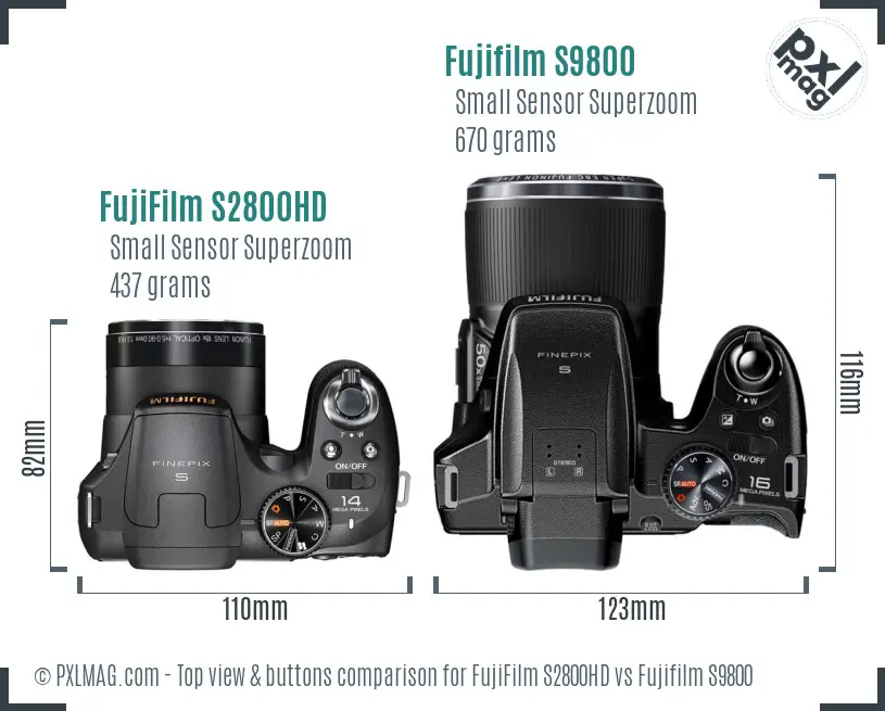 FujiFilm S2800HD vs Fujifilm S9800 top view buttons comparison