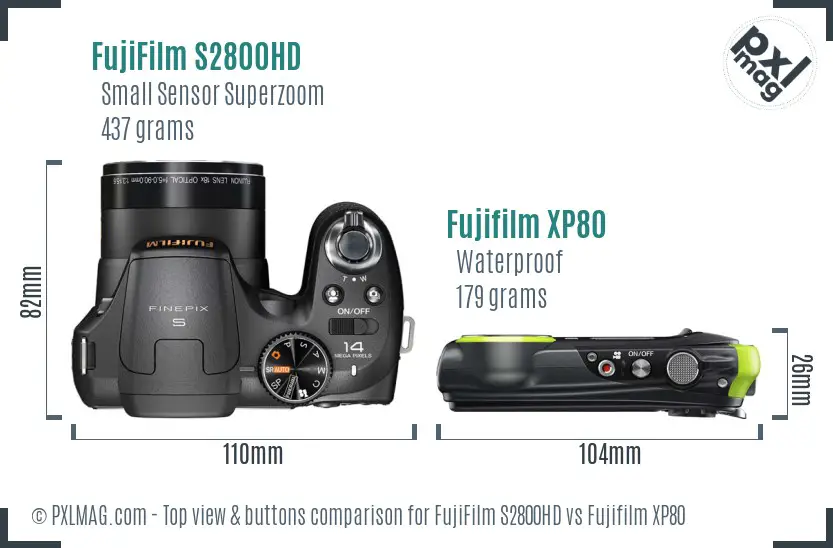 FujiFilm S2800HD vs Fujifilm XP80 top view buttons comparison