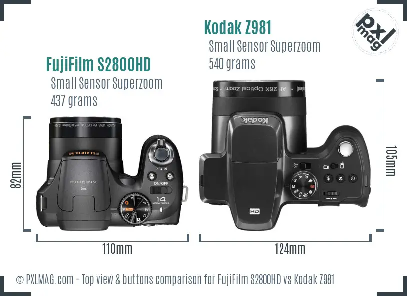 FujiFilm S2800HD vs Kodak Z981 top view buttons comparison
