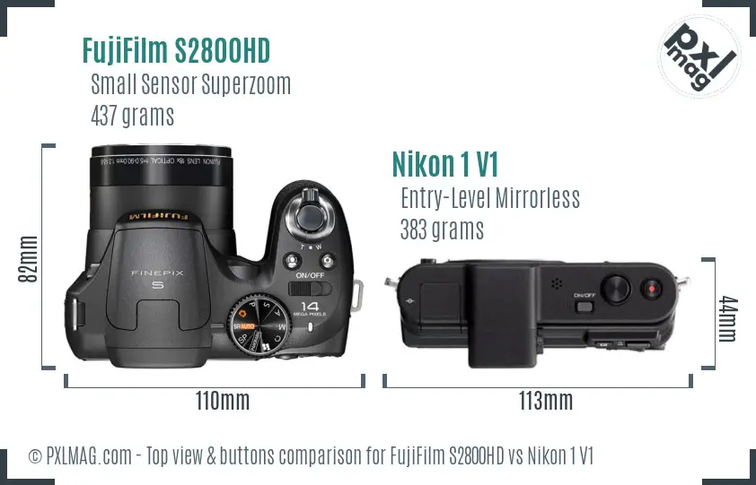 FujiFilm S2800HD vs Nikon 1 V1 top view buttons comparison