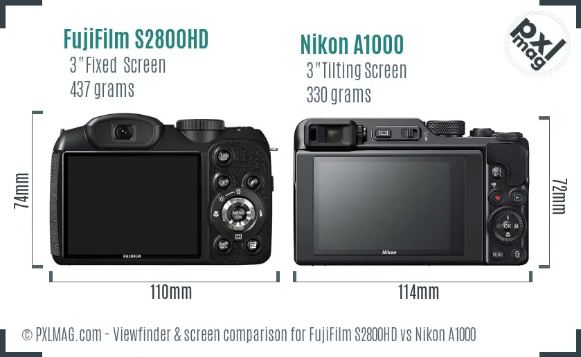 FujiFilm S2800HD vs Nikon A1000 Screen and Viewfinder comparison