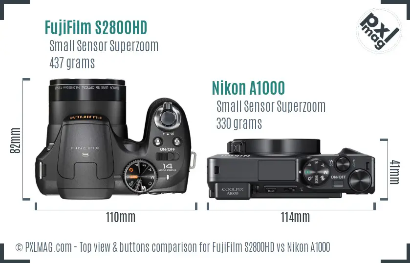 FujiFilm S2800HD vs Nikon A1000 top view buttons comparison