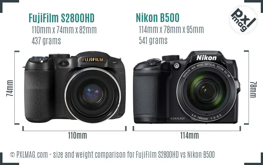 FujiFilm S2800HD vs Nikon B500 size comparison