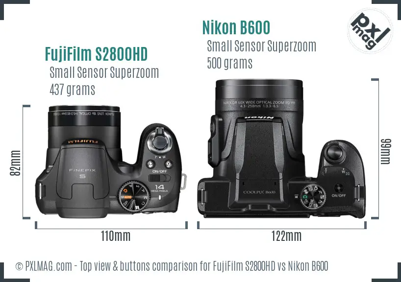 FujiFilm S2800HD vs Nikon B600 top view buttons comparison
