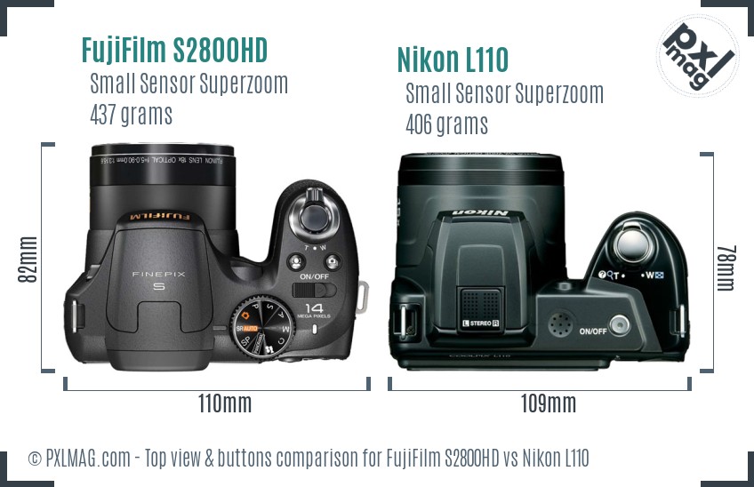 FujiFilm S2800HD vs Nikon L110 top view buttons comparison