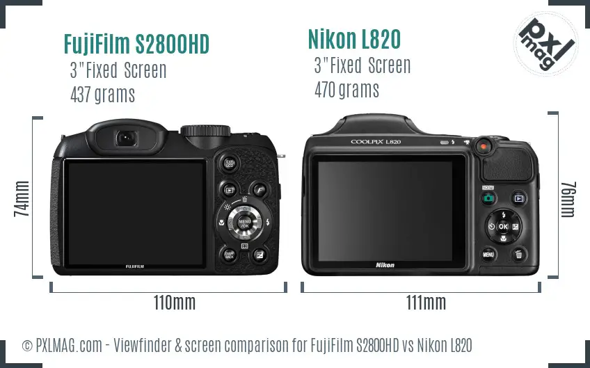 FujiFilm S2800HD vs Nikon L820 Screen and Viewfinder comparison