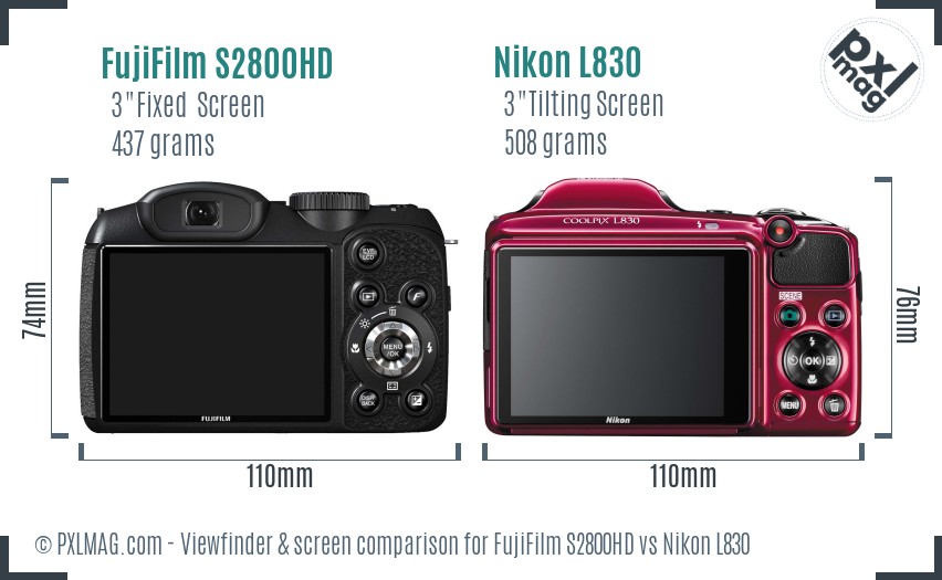 FujiFilm S2800HD vs Nikon L830 Screen and Viewfinder comparison