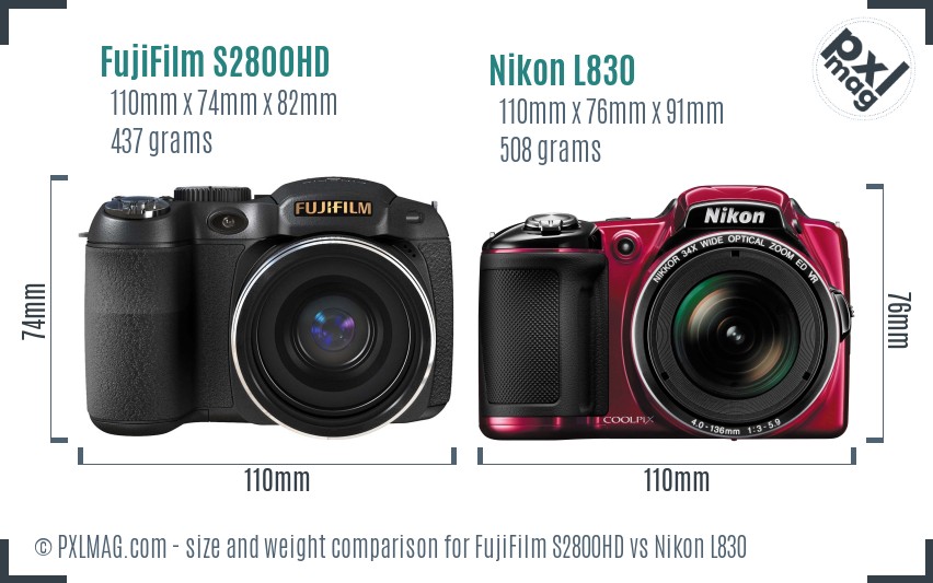 FujiFilm S2800HD vs Nikon L830 size comparison