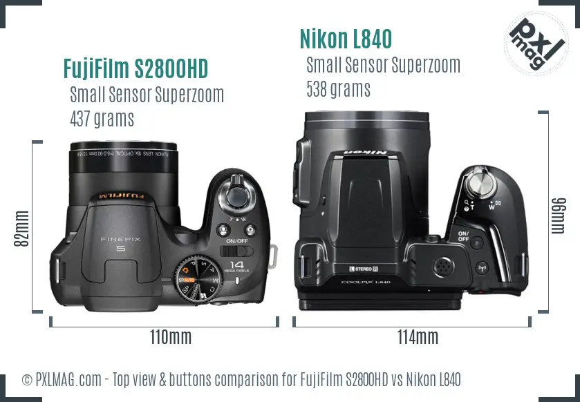 FujiFilm S2800HD vs Nikon L840 top view buttons comparison