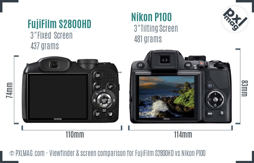FujiFilm S2800HD vs Nikon P100 Screen and Viewfinder comparison