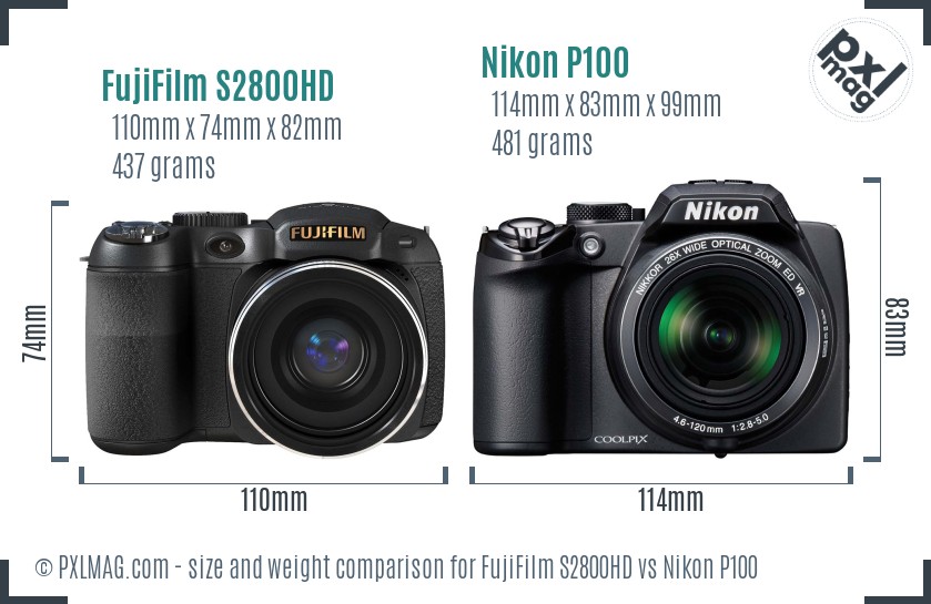 FujiFilm S2800HD vs Nikon P100 size comparison