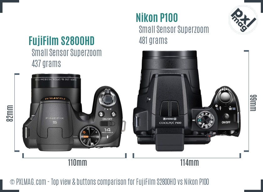 FujiFilm S2800HD vs Nikon P100 top view buttons comparison