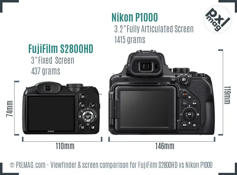 FujiFilm S2800HD vs Nikon P1000 Screen and Viewfinder comparison
